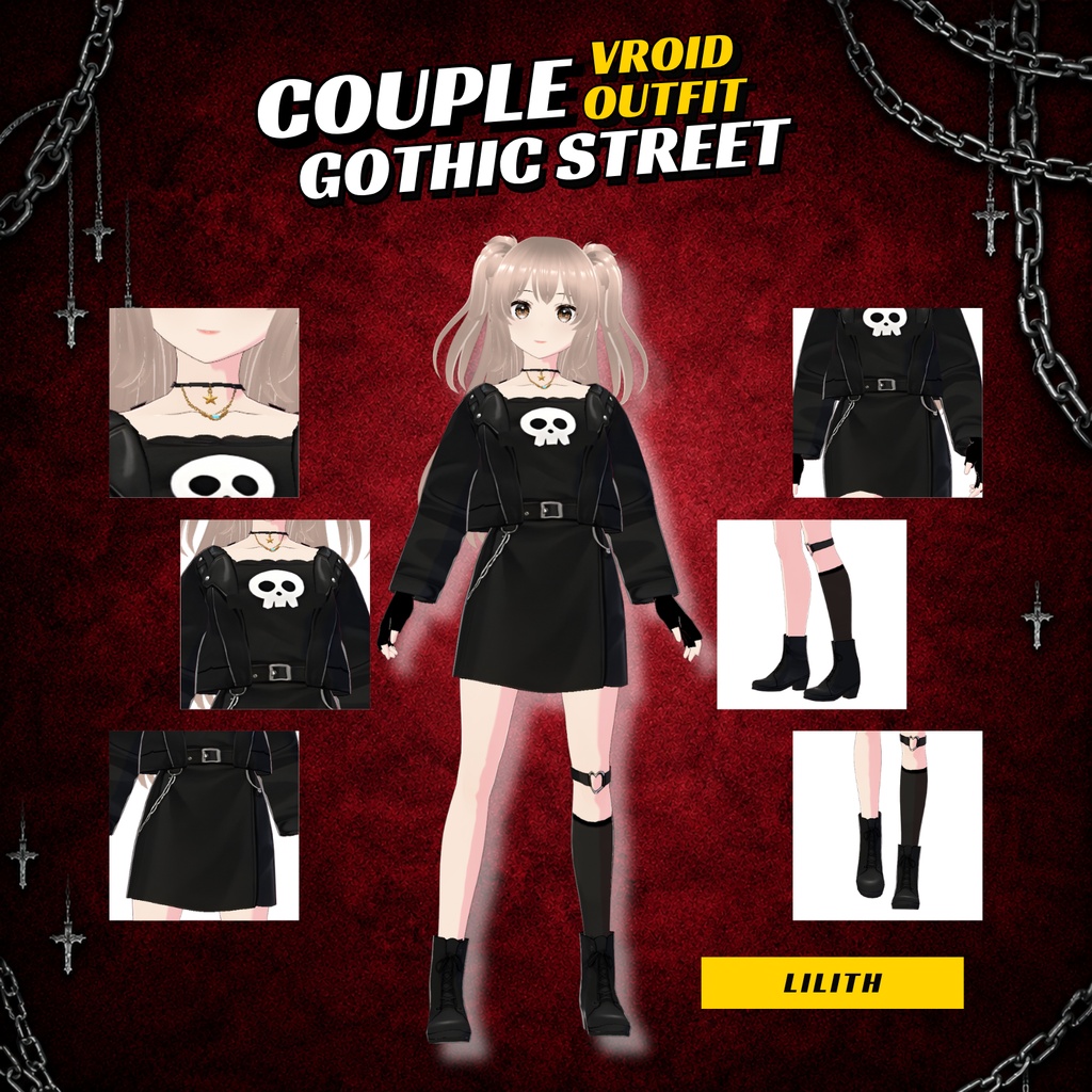 VRoid Halloween Couple Outfit | Cute Gothic Matching Clothes | Dark VTuber Fashion | 3D Custom Outfit for Anime Avatar