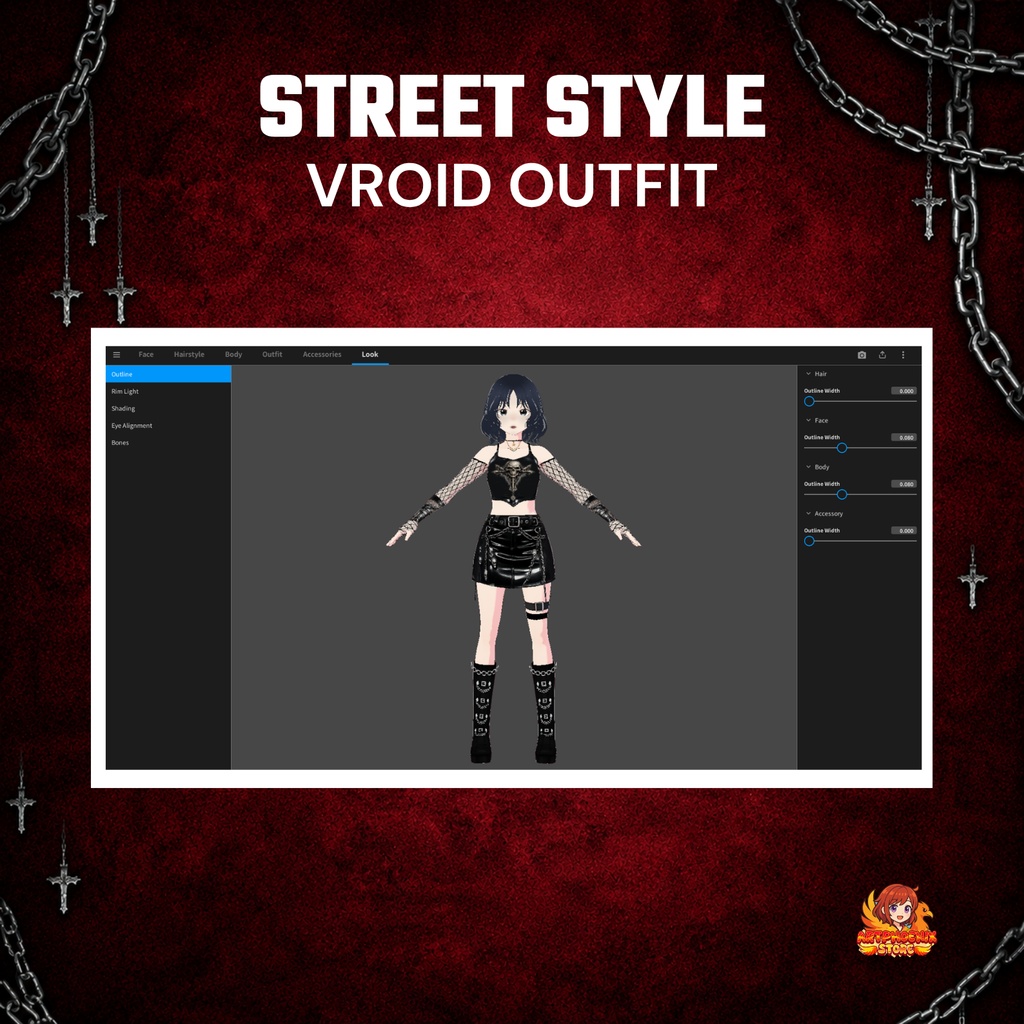 Gothic Clothes VRoid Streetwear Outfit | Punk Skull Crop Top, Mini Skirt, Leg Warmers