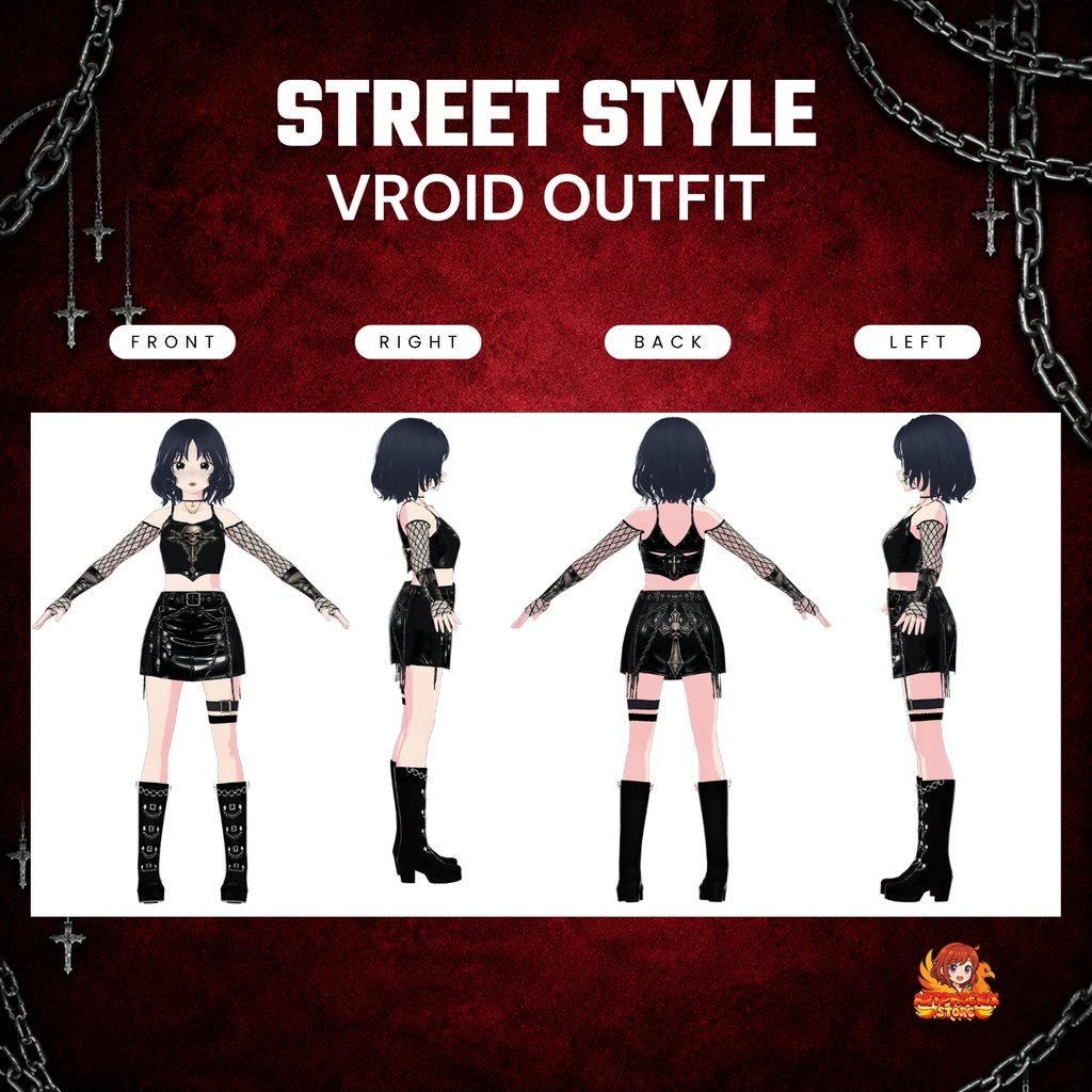 Gothic Clothes VRoid Streetwear Outfit | Punk Skull Crop Top, Mini Skirt, Leg Warmers