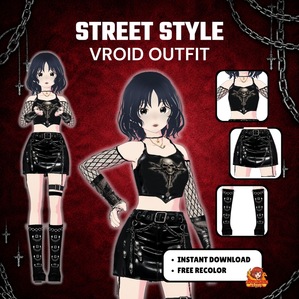 Gothic Clothes VRoid Streetwear Outfit | Punk Skull Crop Top, Mini Skirt, Leg Warmers