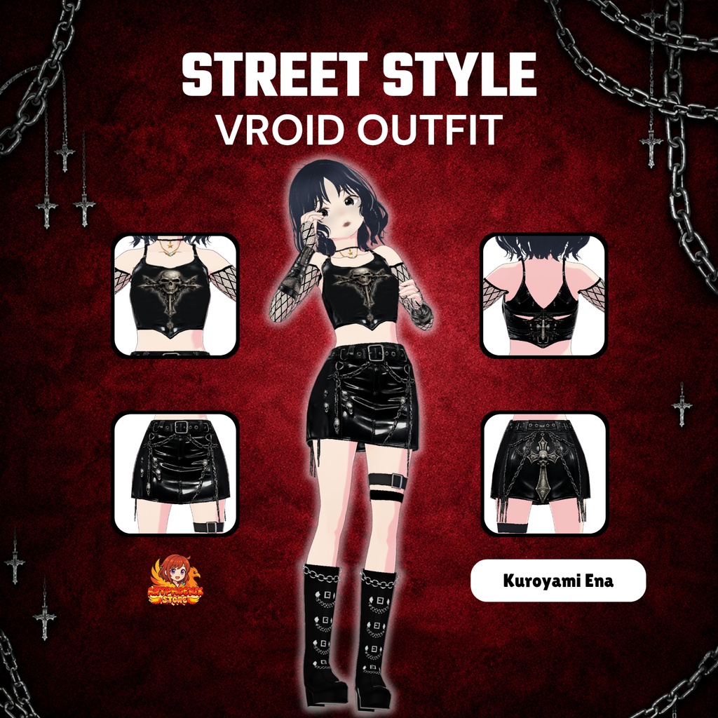 Gothic Clothes VRoid Streetwear Outfit | Punk Skull Crop Top, Mini Skirt, Leg Warmers