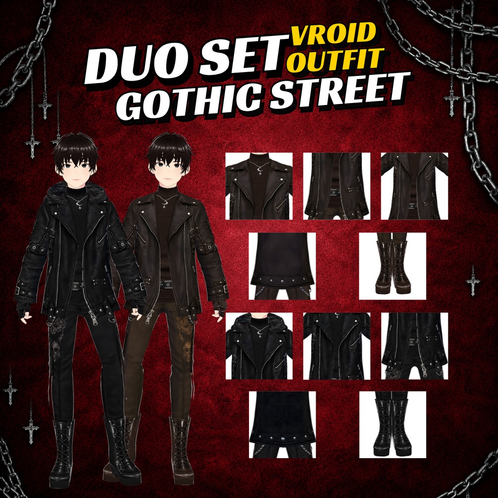 VRoid Gothic Street Duo Outfit | Black Leather VTuber Clothing (Digital Download)