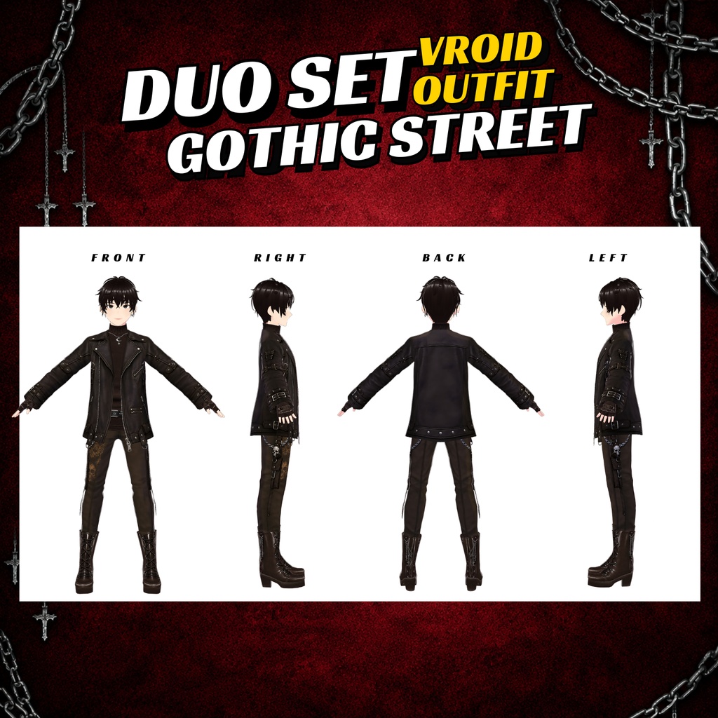 VRoid Gothic Street Duo Outfit | Black Leather VTuber Clothing (Digital Download)