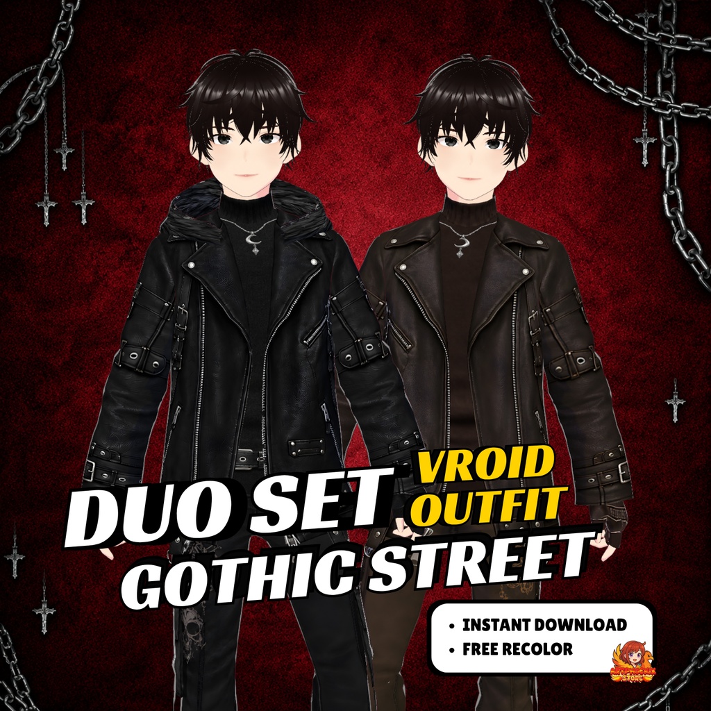 VRoid Gothic Street Duo Outfit | Black Leather VTuber Clothing (Digital Download)