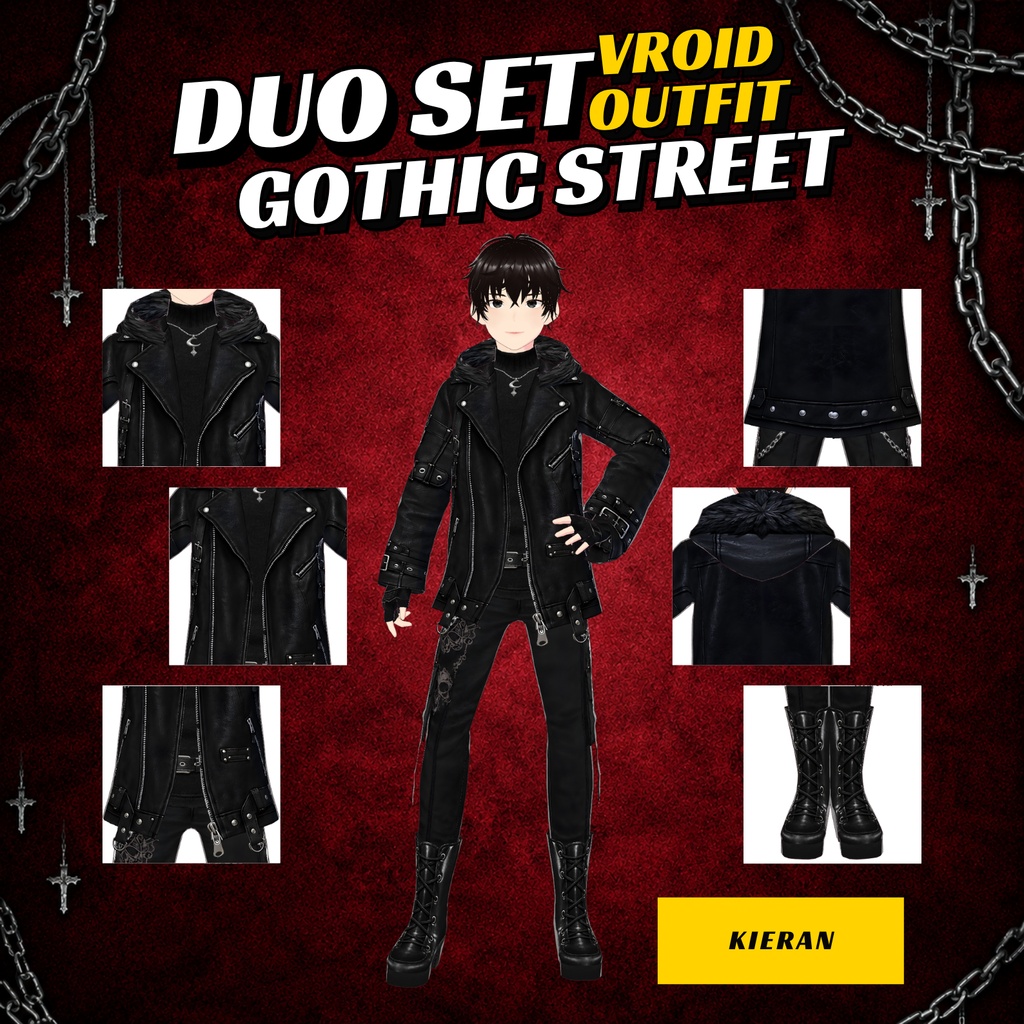 VRoid Gothic Street Duo Outfit | Black Leather VTuber Clothing (Digital Download)