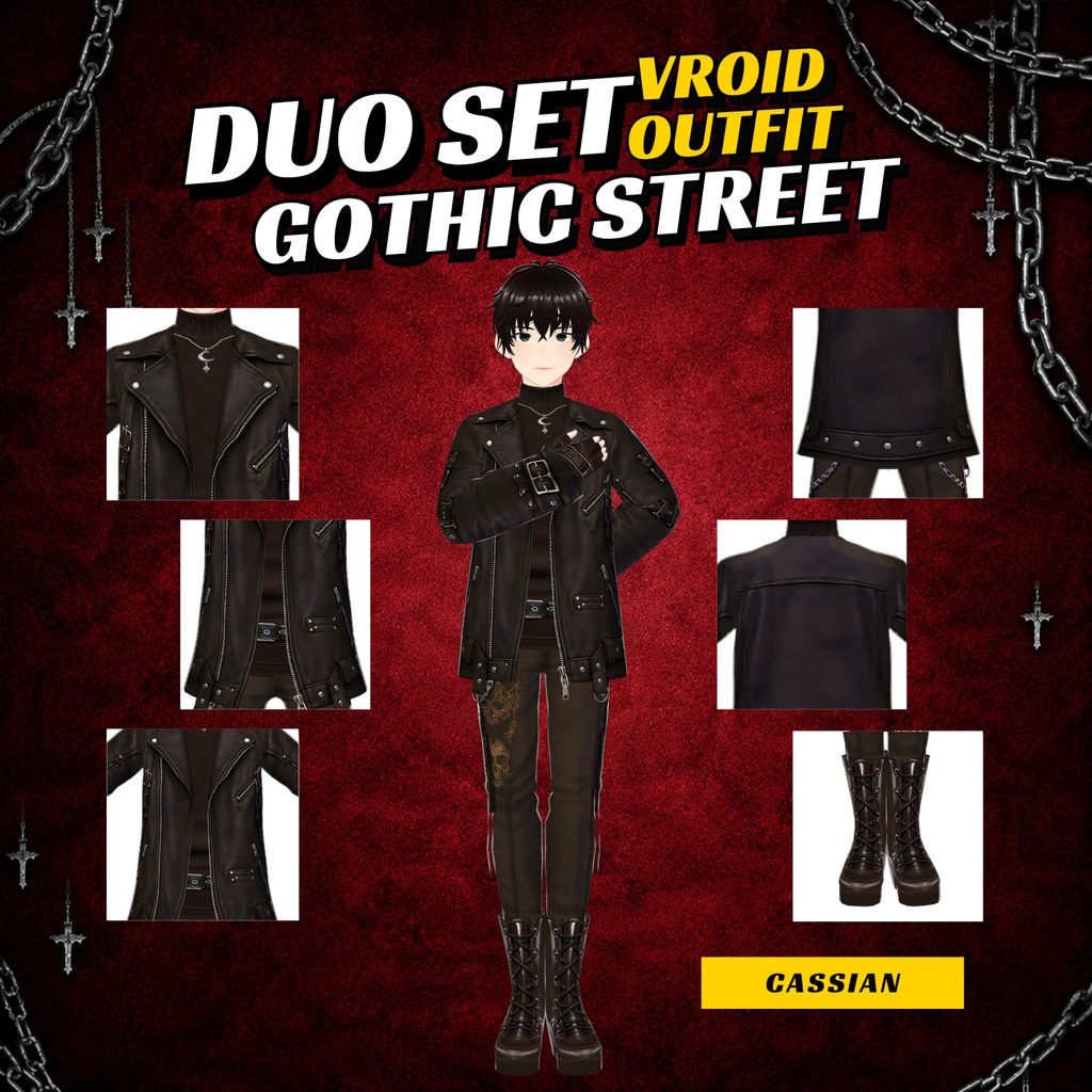 VRoid Gothic Street Duo Outfit | Black Leather VTuber Clothing (Digital Download)