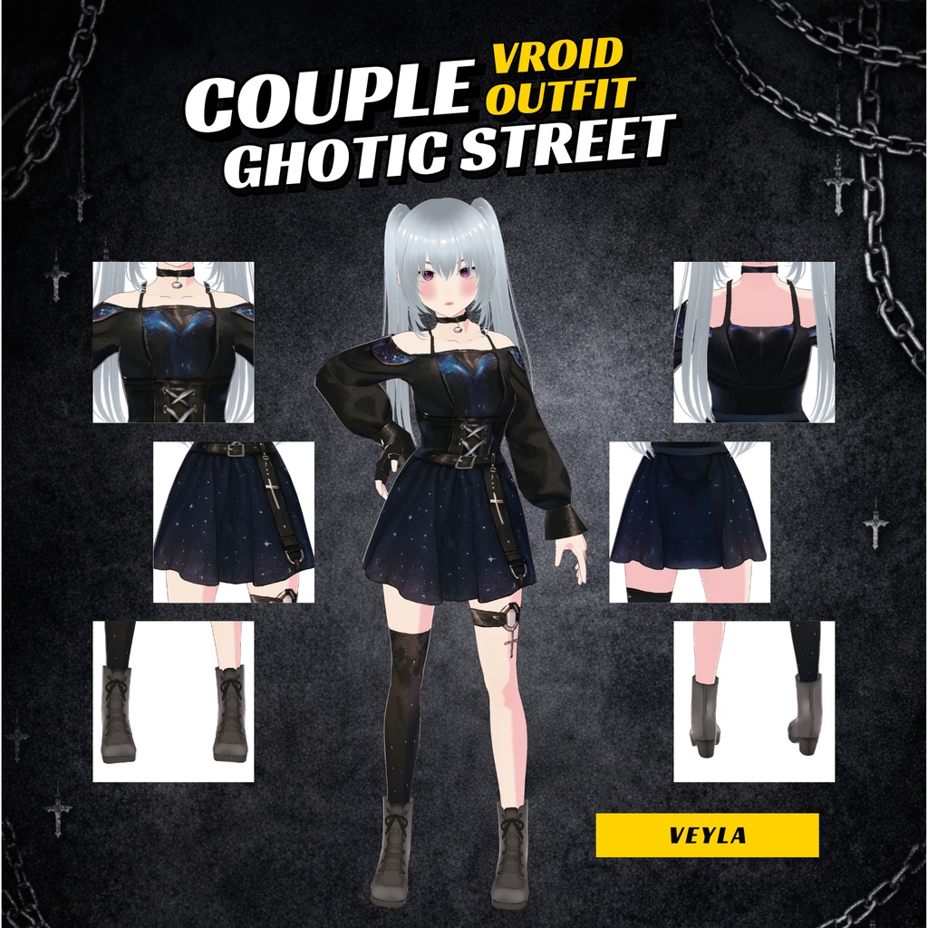 VRoid Dress Gothic Street Couple Outfit | Matching Dark Anime Avatar Clothes (Digital Download)