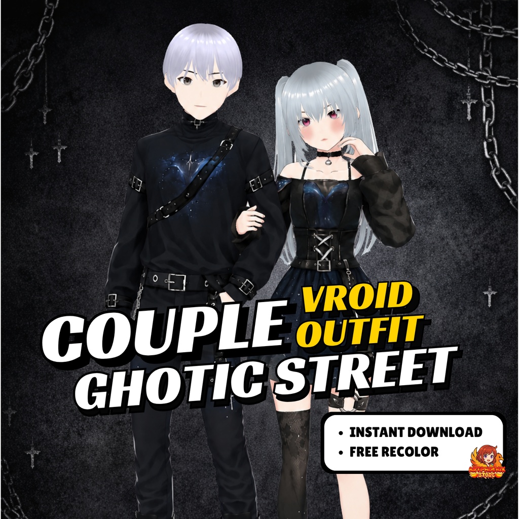 VRoid Dress Gothic Street Couple Outfit | Matching Dark Anime Avatar Clothes (Digital Download)