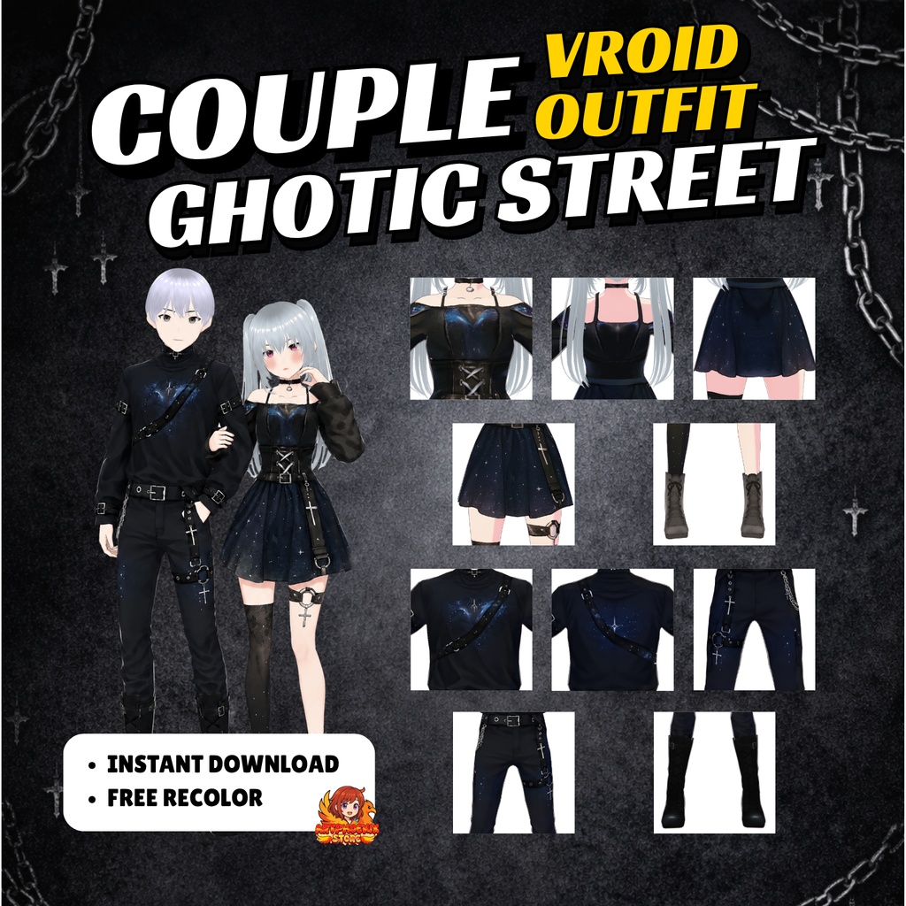 VRoid Dress Gothic Street Couple Outfit | Matching Dark Anime Avatar Clothes (Digital Download)