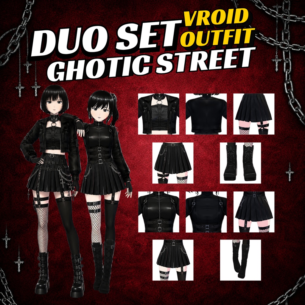 Gothic Vroid Outfit Bundle | Vtuber Model Avatar | Punk Shirt | Fashion Streetwear | 3D Custom for Anime