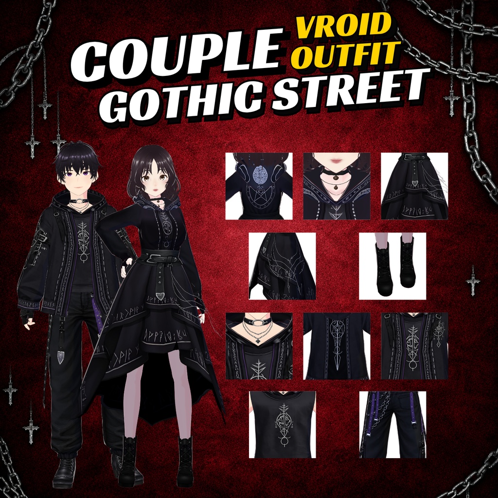 VRoid Gothic Street Couple Outfit | Dark Hoodie Couple Clothes | Gothic VTuber Fashion | 3D Custom Outfit for Anime Avatar