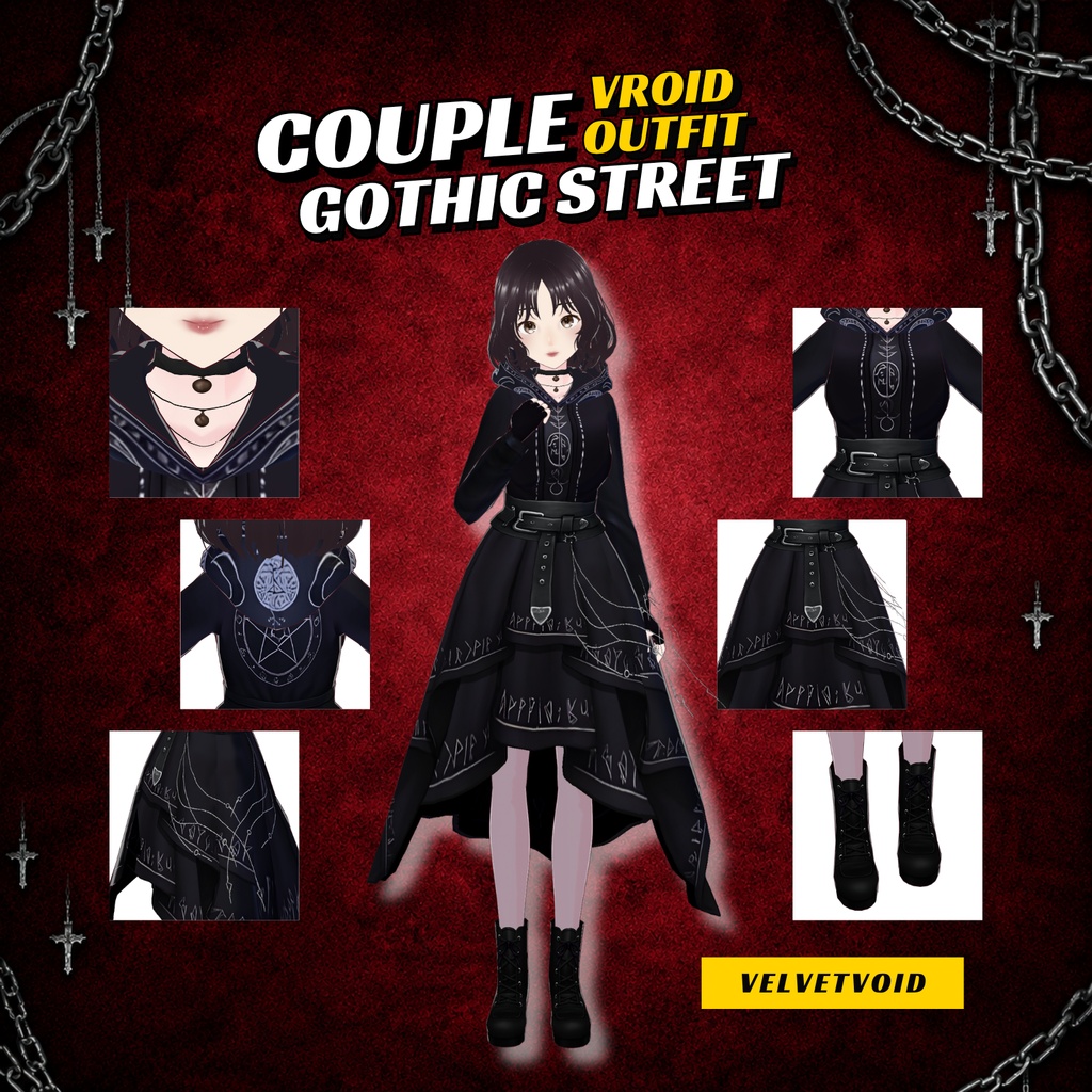 VRoid Gothic Street Couple Outfit | Dark Hoodie Couple Clothes | Gothic VTuber Fashion | 3D Custom Outfit for Anime Avatar