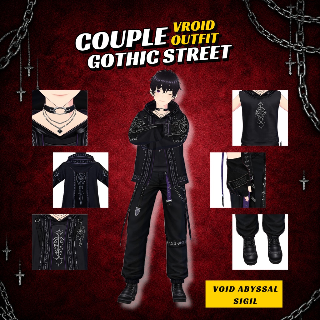 VRoid Gothic Street Couple Outfit | Dark Hoodie Couple Clothes | Gothic VTuber Fashion | 3D Custom Outfit for Anime Avatar