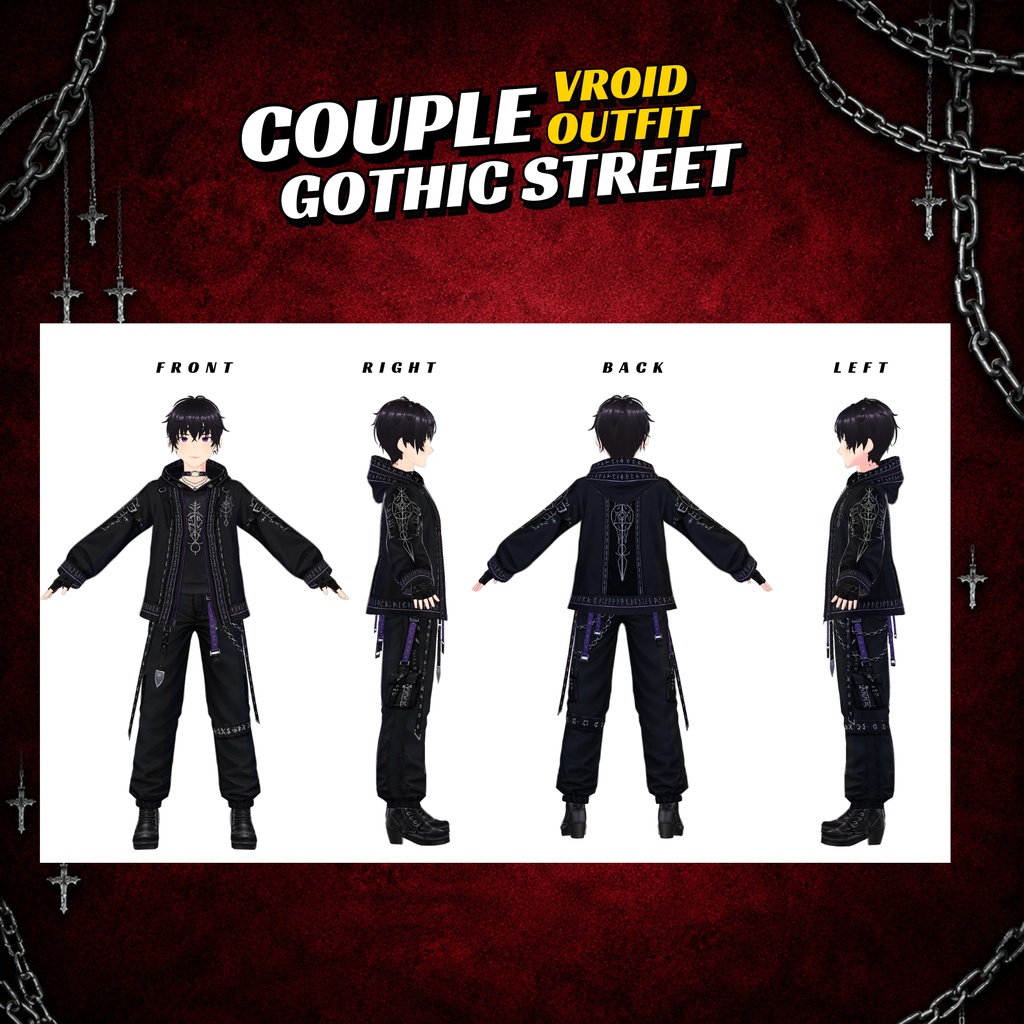 VRoid Gothic Street Couple Outfit | Dark Hoodie Couple Clothes | Gothic VTuber Fashion | 3D Custom Outfit for Anime Avatar