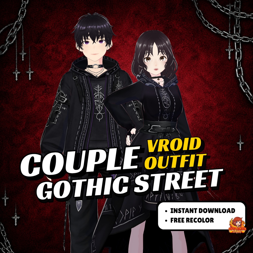VRoid Gothic Street Couple Outfit | Dark Hoodie Couple Clothes | Gothic VTuber Fashion | 3D Custom Outfit for Anime Avatar