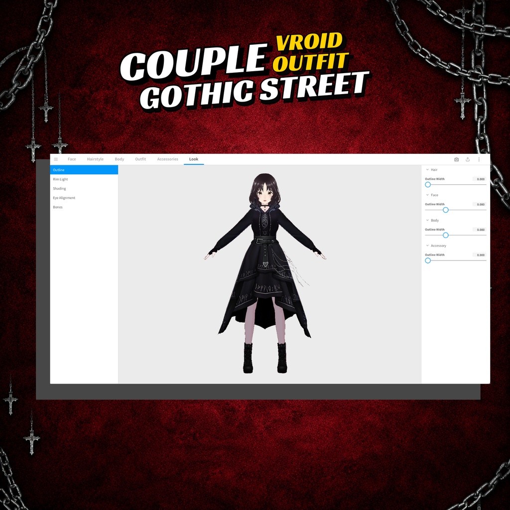 VRoid Gothic Street Couple Outfit | Dark Hoodie Couple Clothes | Gothic VTuber Fashion | 3D Custom Outfit for Anime Avatar