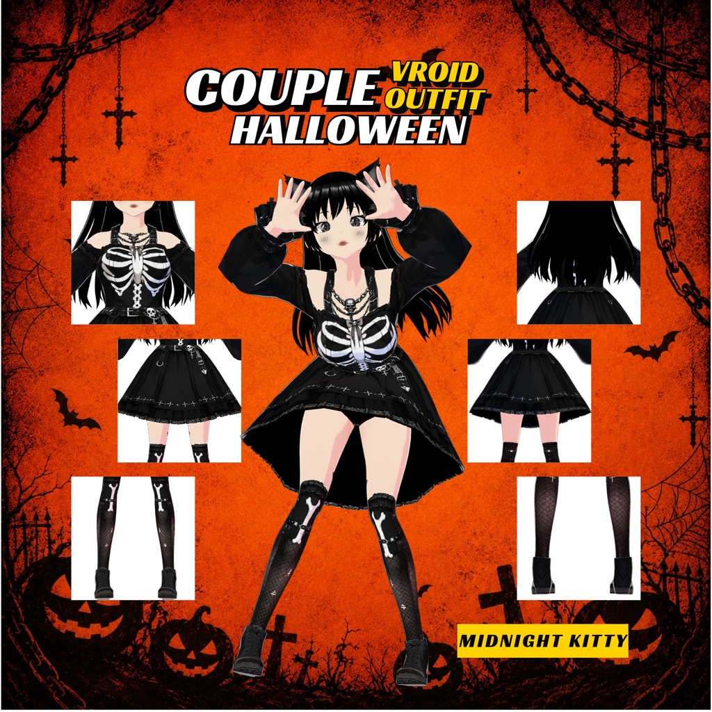 VRoid Couple Halloween Outfit | Skeleton Gothic Streetwear (Digital Download)