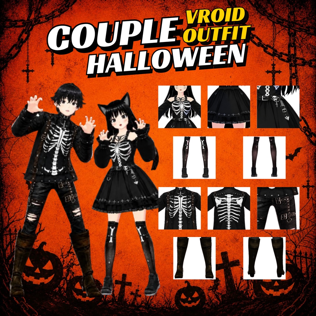 VRoid Couple Halloween Outfit | Skeleton Gothic Streetwear (Digital Download)