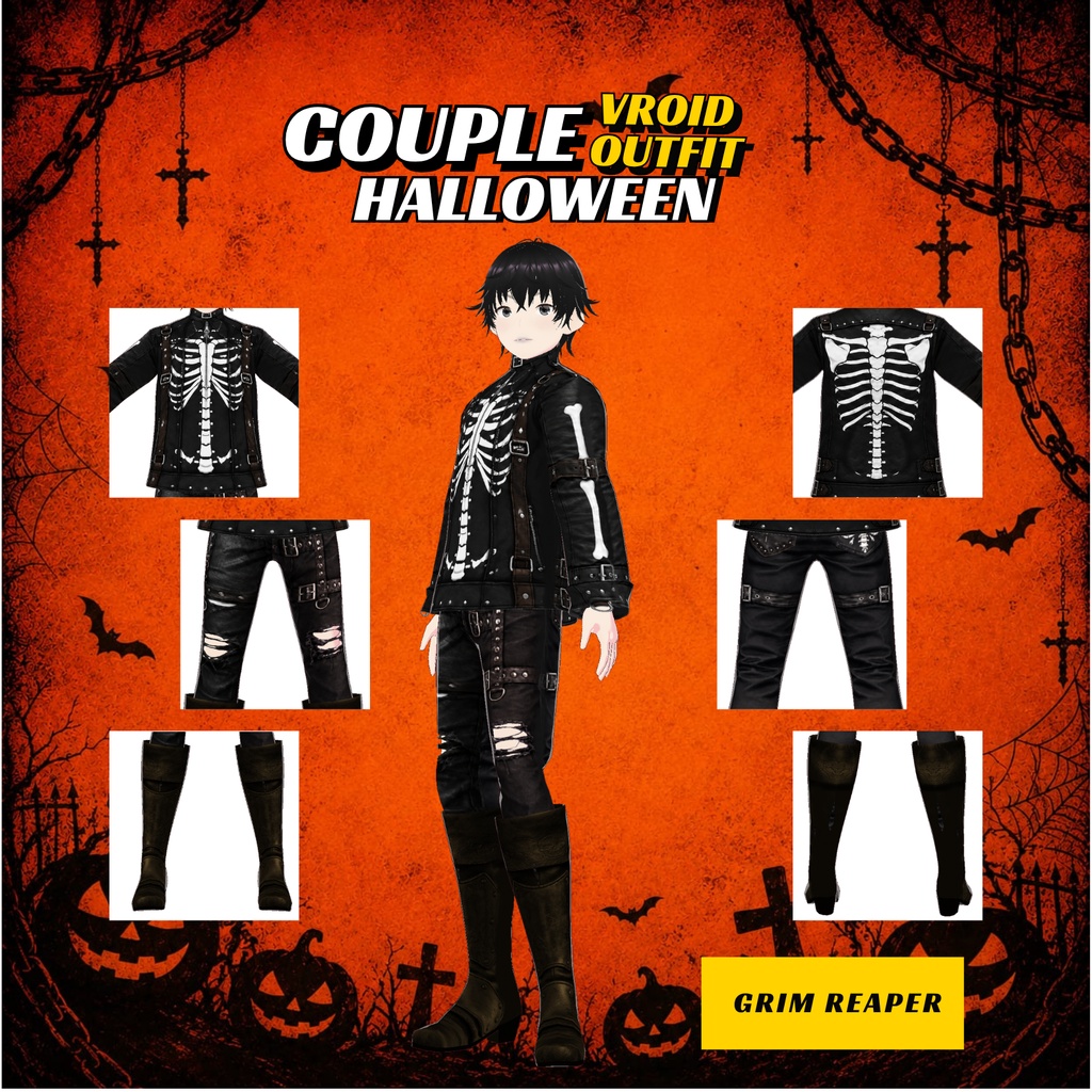 VRoid Couple Halloween Outfit | Skeleton Gothic Streetwear (Digital Download)