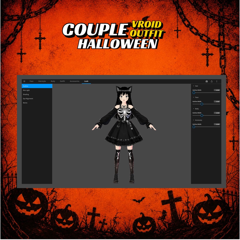 VRoid Couple Halloween Outfit | Skeleton Gothic Streetwear (Digital Download)