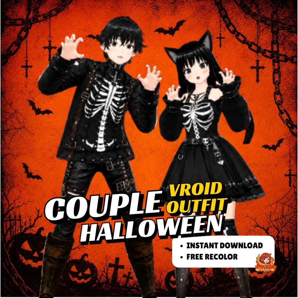 VRoid Couple Halloween Outfit | Skeleton Gothic Streetwear (Digital Download)