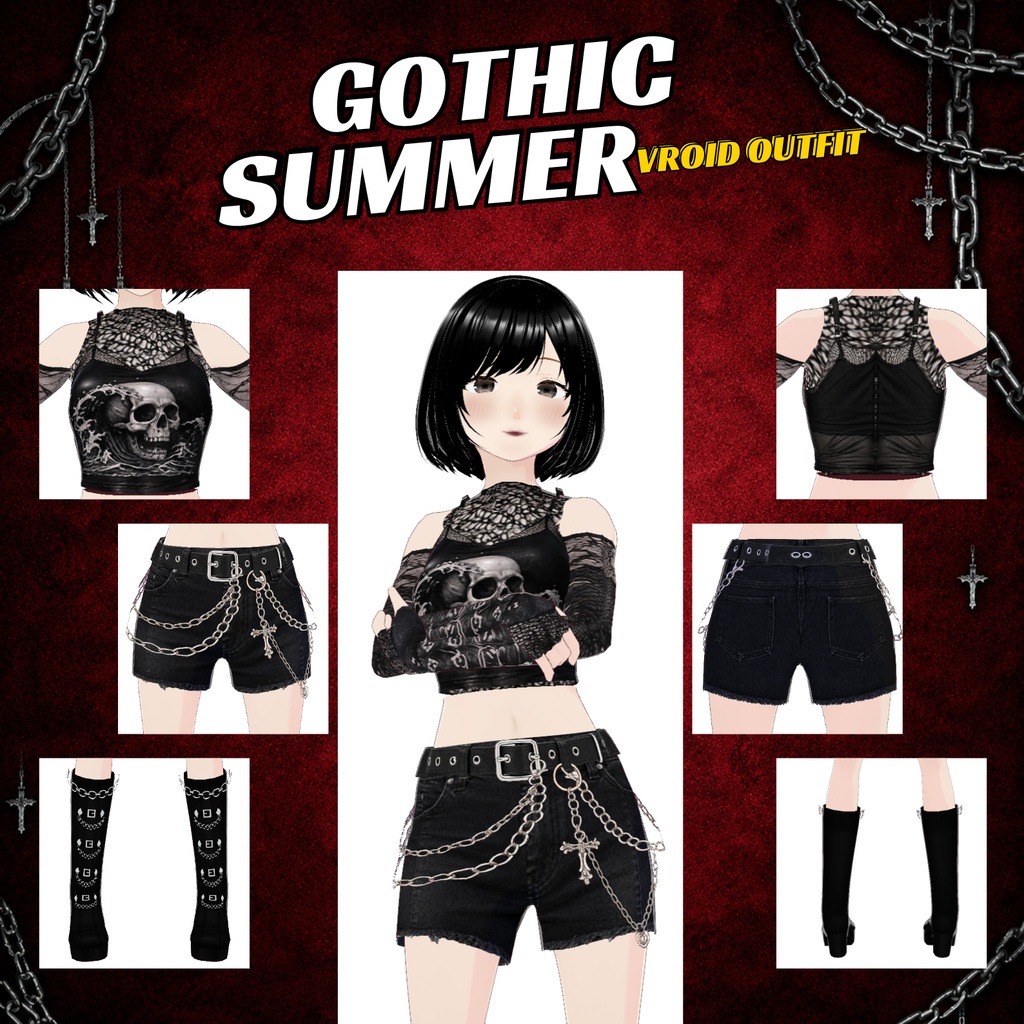 Goth Clothing Top & Chain Shorts VRoid Outfit | Dark Streetwear VTuber Fashion (Digital Download)