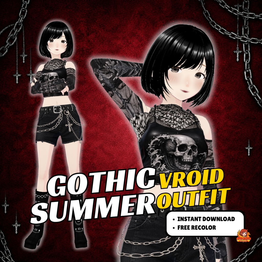 Goth Clothing Top & Chain Shorts VRoid Outfit | Dark Streetwear VTuber Fashion (Digital Download)