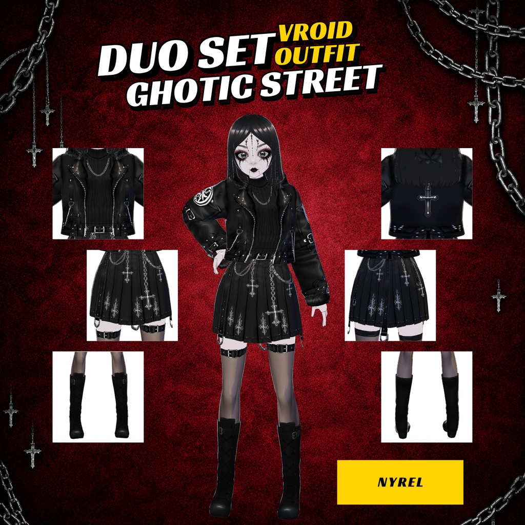 VRoid Clothing Women Gothic Winter Boots | Leather Gloves, Cross Skirt (Digital Download)