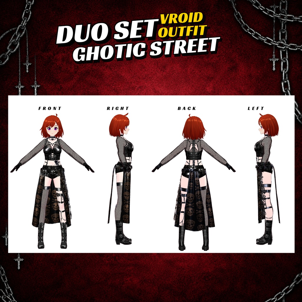 VRoid Clothing Gothic Keychain Streetwear Outfit Bundle | Leather Gloves Fishnet Lingerie | Punk Girl Vrchat Avatar (Digital Download)