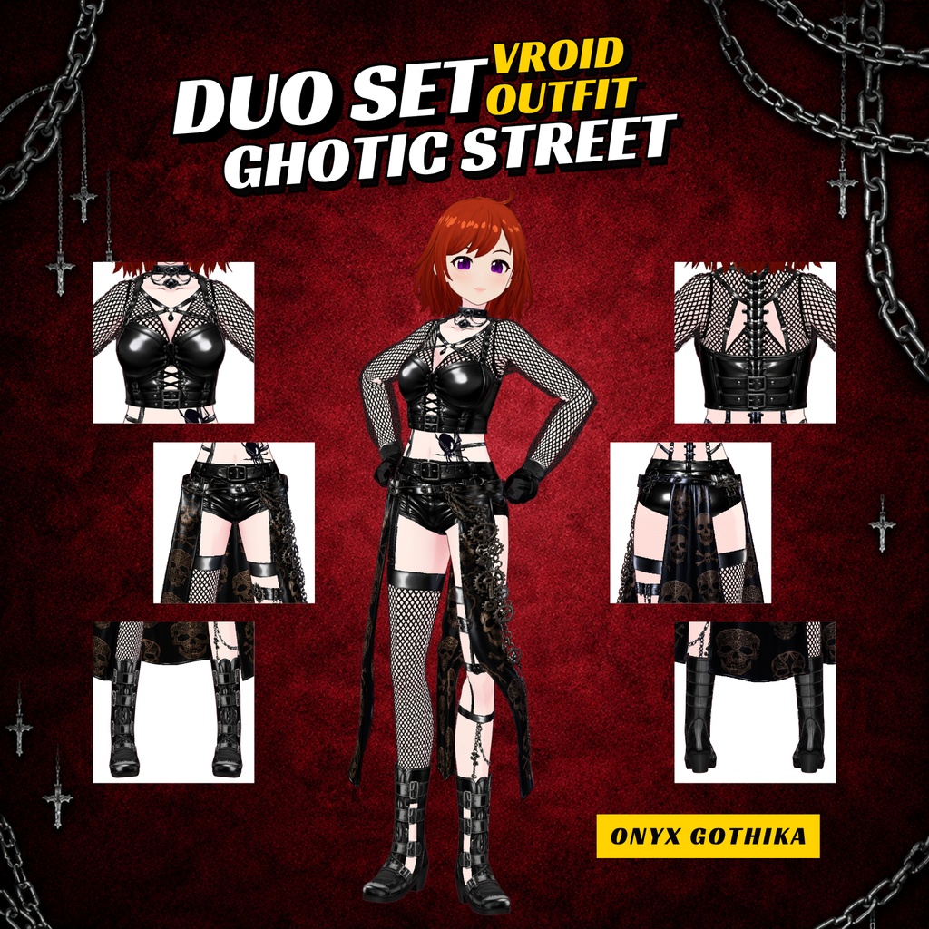 VRoid Clothing Gothic Keychain Streetwear Outfit Bundle | Leather Gloves Fishnet Lingerie | Punk Girl Vrchat Avatar (Digital Download)