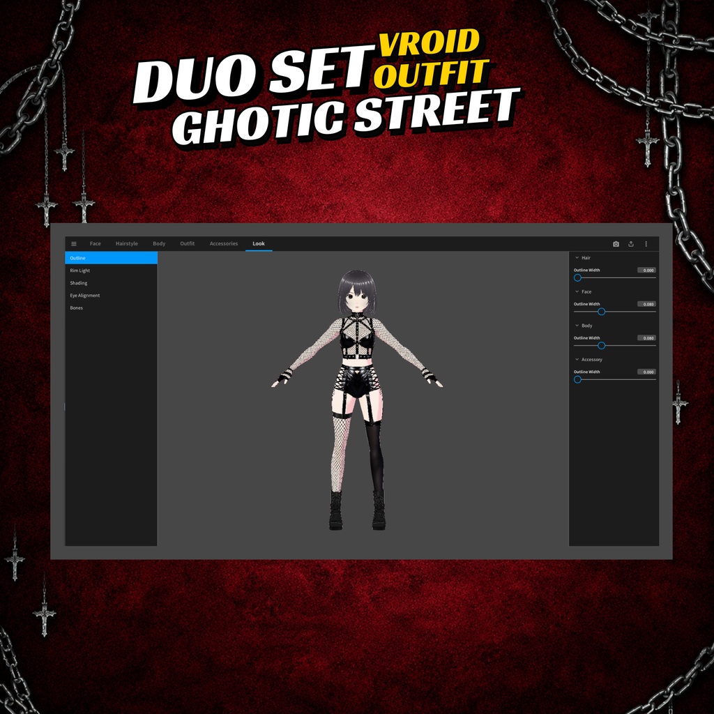 VRoid Clothing Gothic Keychain Streetwear Outfit Bundle | Leather Gloves Fishnet Lingerie | Punk Girl Vrchat Avatar (Digital Download)