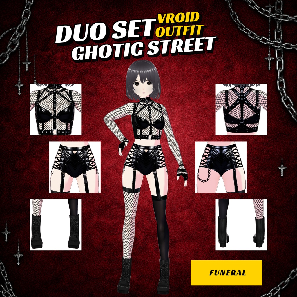 VRoid Clothing Gothic Keychain Streetwear Outfit Bundle | Leather Gloves Fishnet Lingerie | Punk Girl Vrchat Avatar (Digital Download)