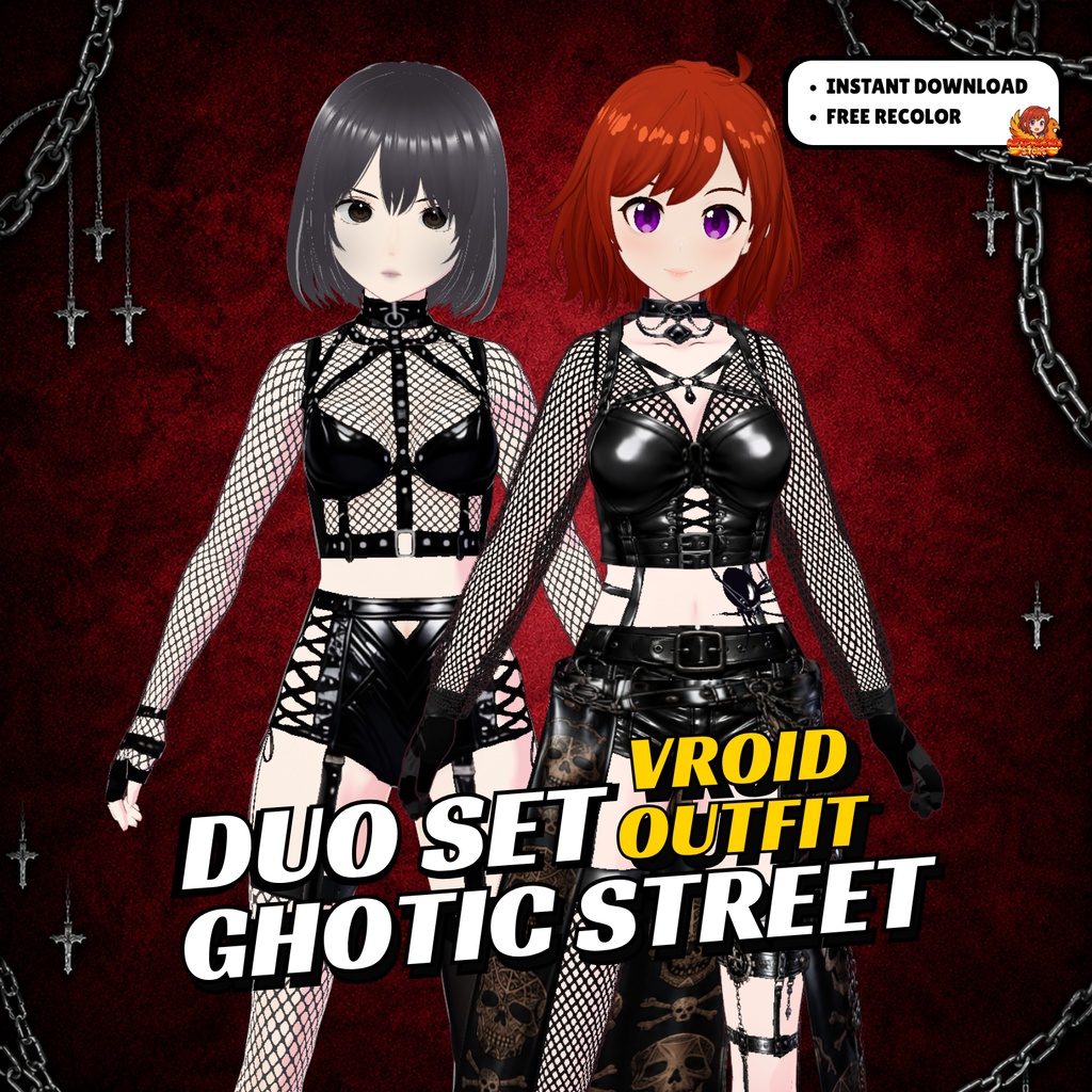 VRoid Clothing Gothic Keychain Streetwear Outfit Bundle | Leather Gloves Fishnet Lingerie | Punk Girl Vrchat Avatar  (Digital Download)