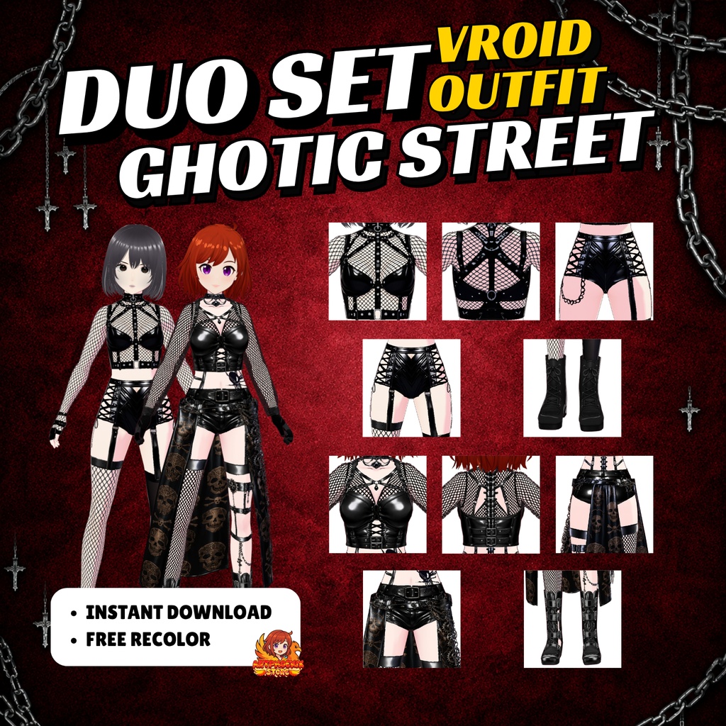 VRoid Clothing Gothic Keychain Streetwear Outfit Bundle | Leather Gloves Fishnet Lingerie | Punk Girl Vrchat Avatar (Digital Download)
