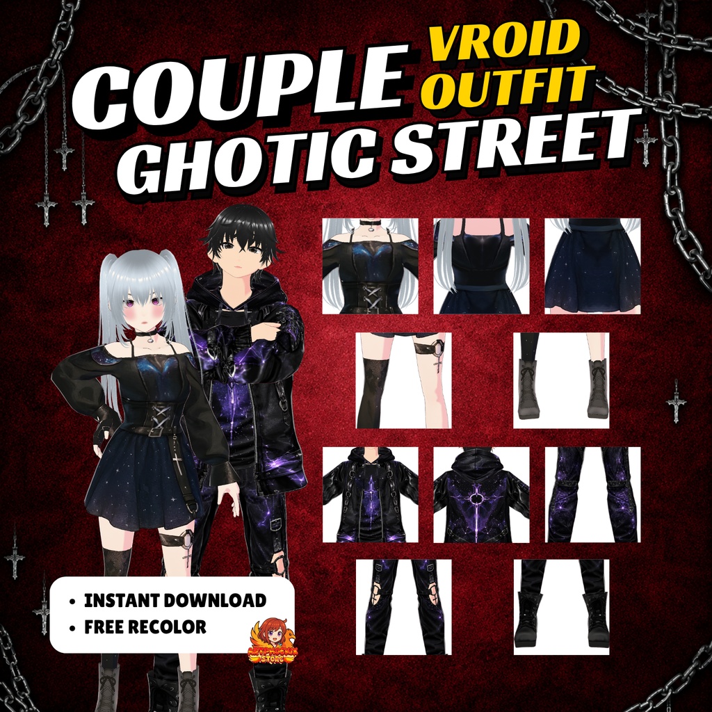 VRoid Goth Dress Couple Street Outfits | Cosmic Galaxy Leather Jacket Set (Digital Download)