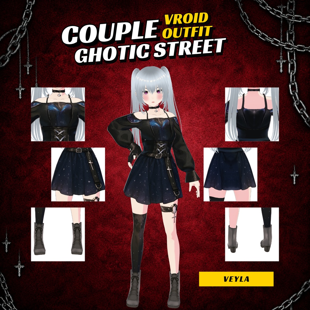 VRoid Goth Dress Couple Street Outfits | Cosmic Galaxy Leather Jacket Set (Digital Download)