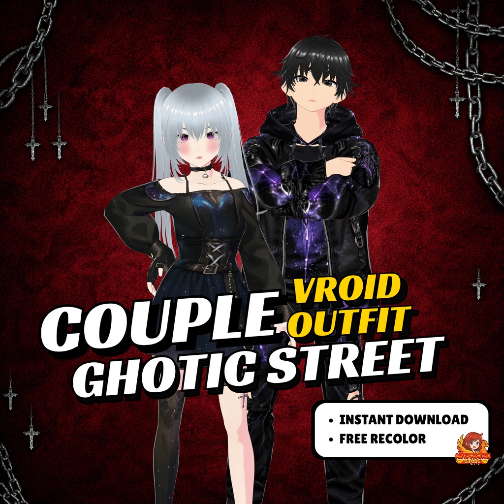VRoid Goth Dress Couple Street Outfits | Cosmic Galaxy Leather Jacket Set (Digital Download)