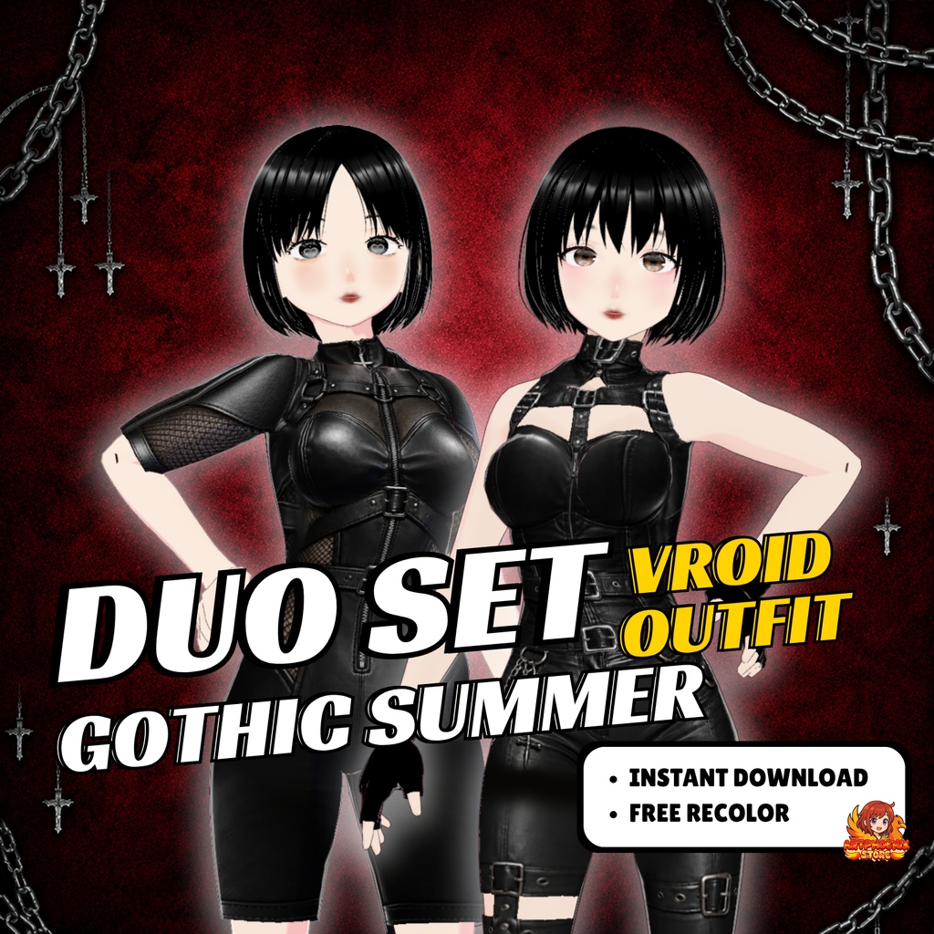 VRoid Girl Gothic Duo  pack | Black Summer Outfit Streetwear | VTuber Fashion assets | 3D Custom Clothing for Anime Avatar Female custome