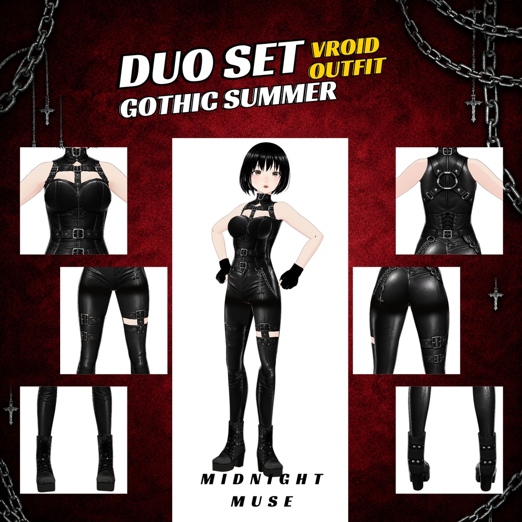 VRoid Girl Gothic Duo pack | Black Summer Outfit Streetwear | VTuber Fashion assets | 3D Custom Clothing for Anime Avatar Female custome