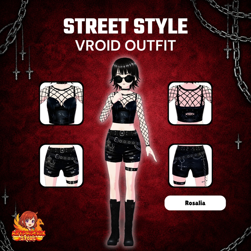 Clothing Goth Summer VRoid Streetwear Outfit Asset | Dark Punk Mesh Fashion for VTuber | Anime Avatar | 3D Custom VRoid