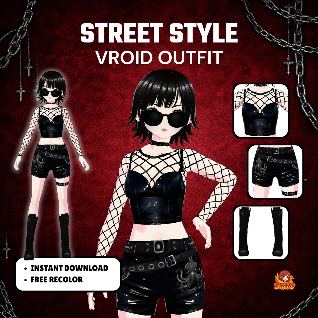 Clothing Goth Summer VRoid Streetwear Outfit Asset | Dark Punk Mesh Fashion for VTuber | Anime Avatar | 3D Custom VRoid