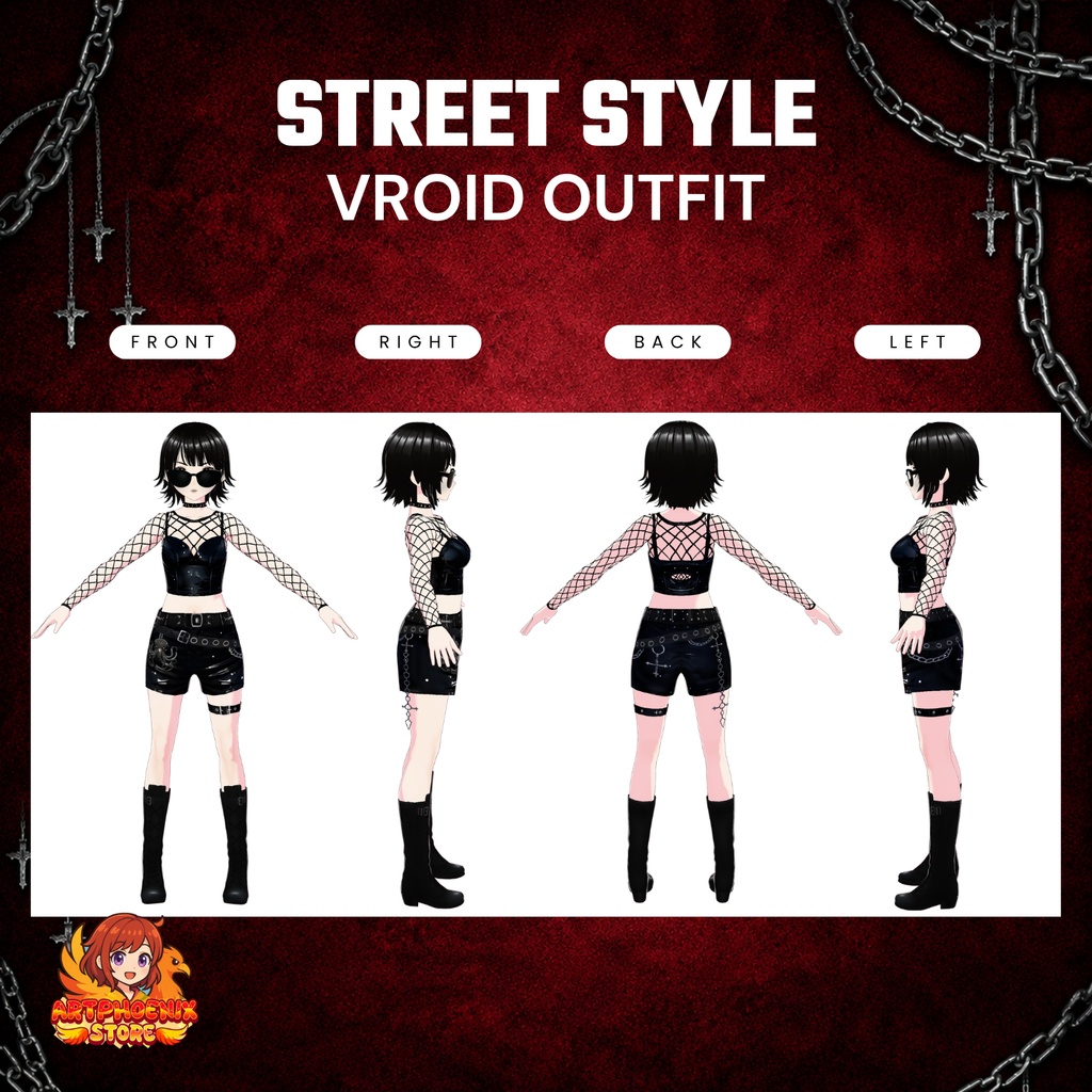 Clothing Goth Summer VRoid Streetwear Outfit Asset | Dark Punk Mesh Fashion for VTuber | Anime Avatar | 3D Custom VRoid