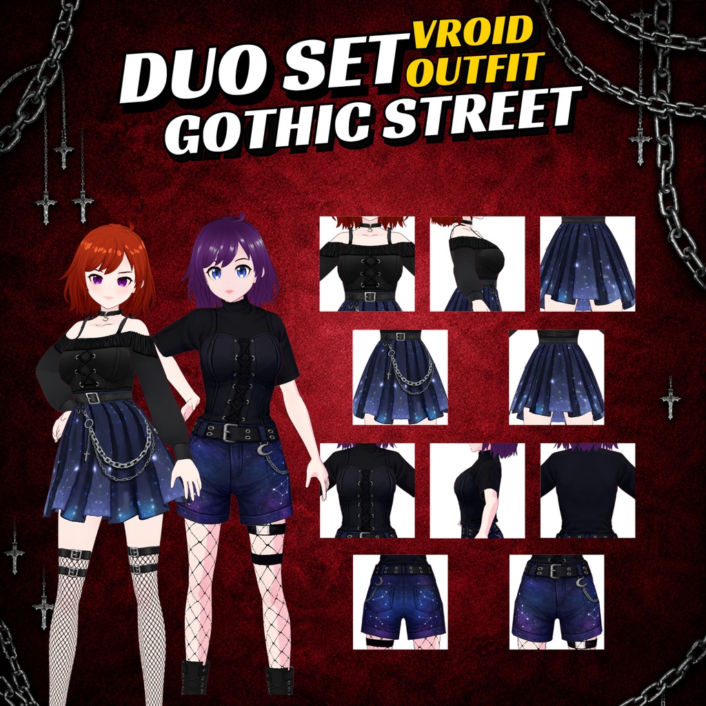 VRoid Outfit Goth clothing | Celestial Galaxy Skirt, Shorts Pack | Dark VTuber Fashion | 3D Custom streetwear