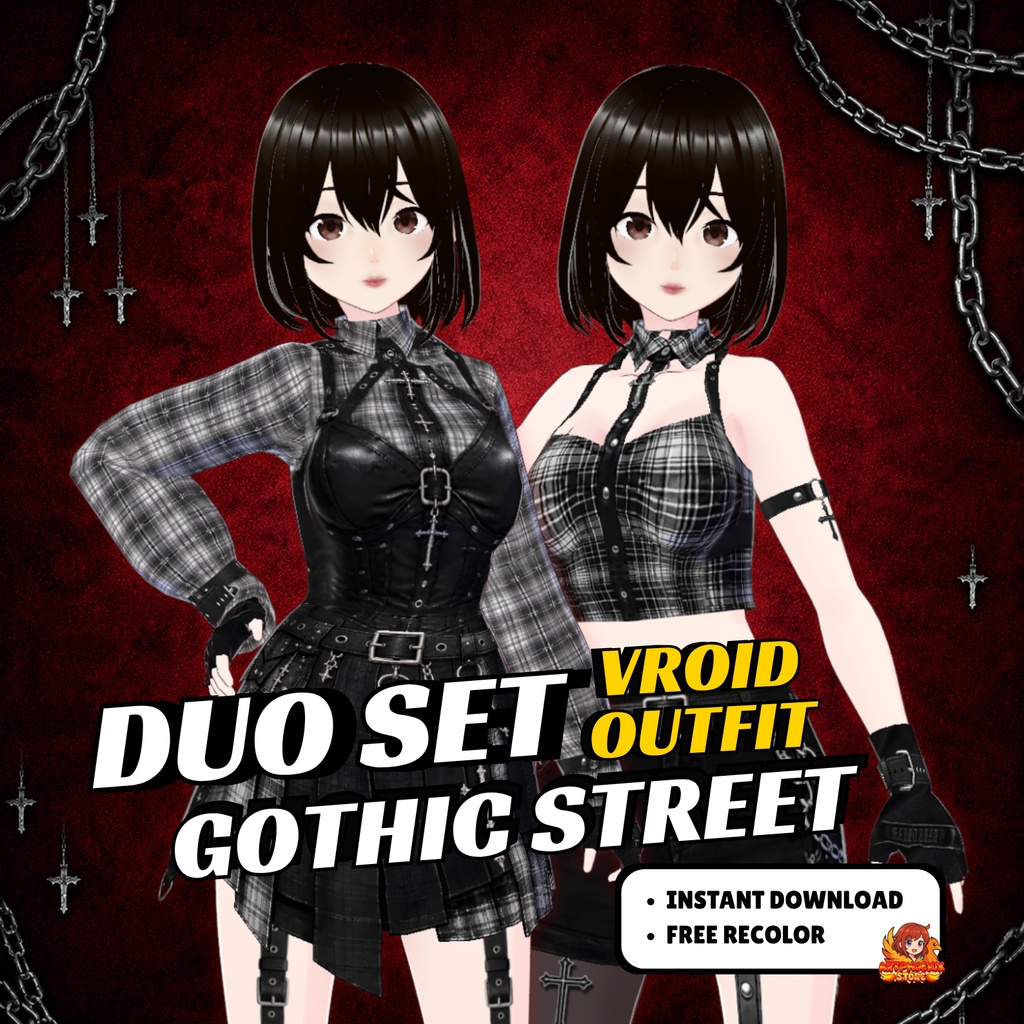 VRoid Outfit Gothic Streetwear Woman Couple Outfit set | Matching Tartan Mini Skirt, Vrchat Model (Digital Download)