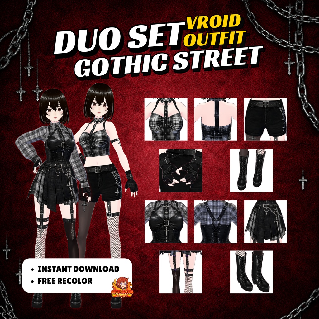 VRoid Outfit Gothic Streetwear Woman Couple Outfit set | Matching Tartan Mini Skirt, Vrchat Model (Digital Download)