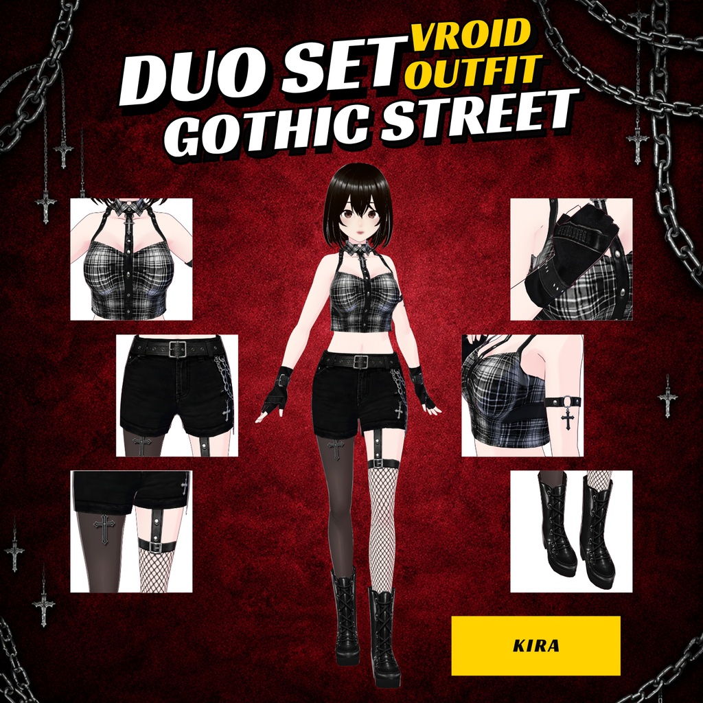VRoid Outfit Gothic Streetwear Woman Couple Outfit set | Matching Tartan Mini Skirt, Vrchat Model (Digital Download)