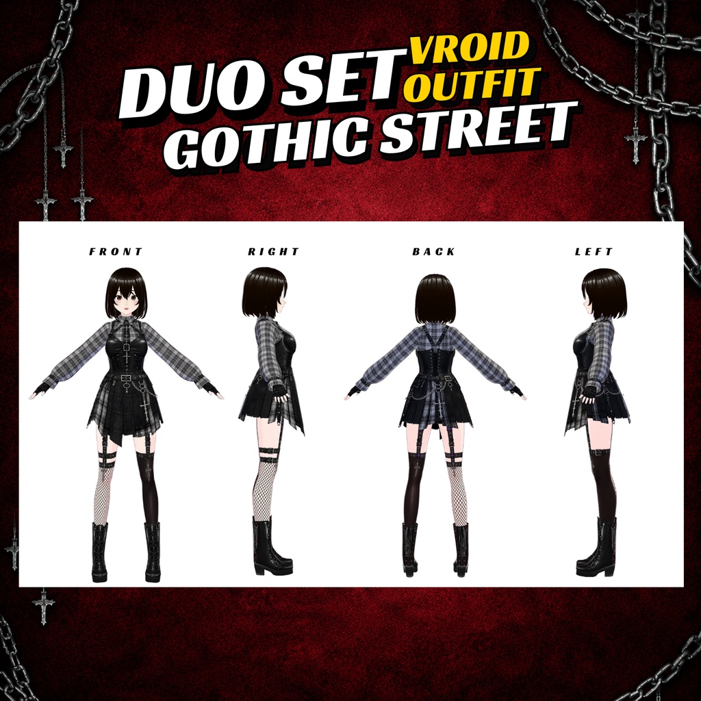 VRoid Outfit Gothic Streetwear Woman Couple Outfit set | Matching Tartan Mini Skirt, Vrchat Model (Digital Download)
