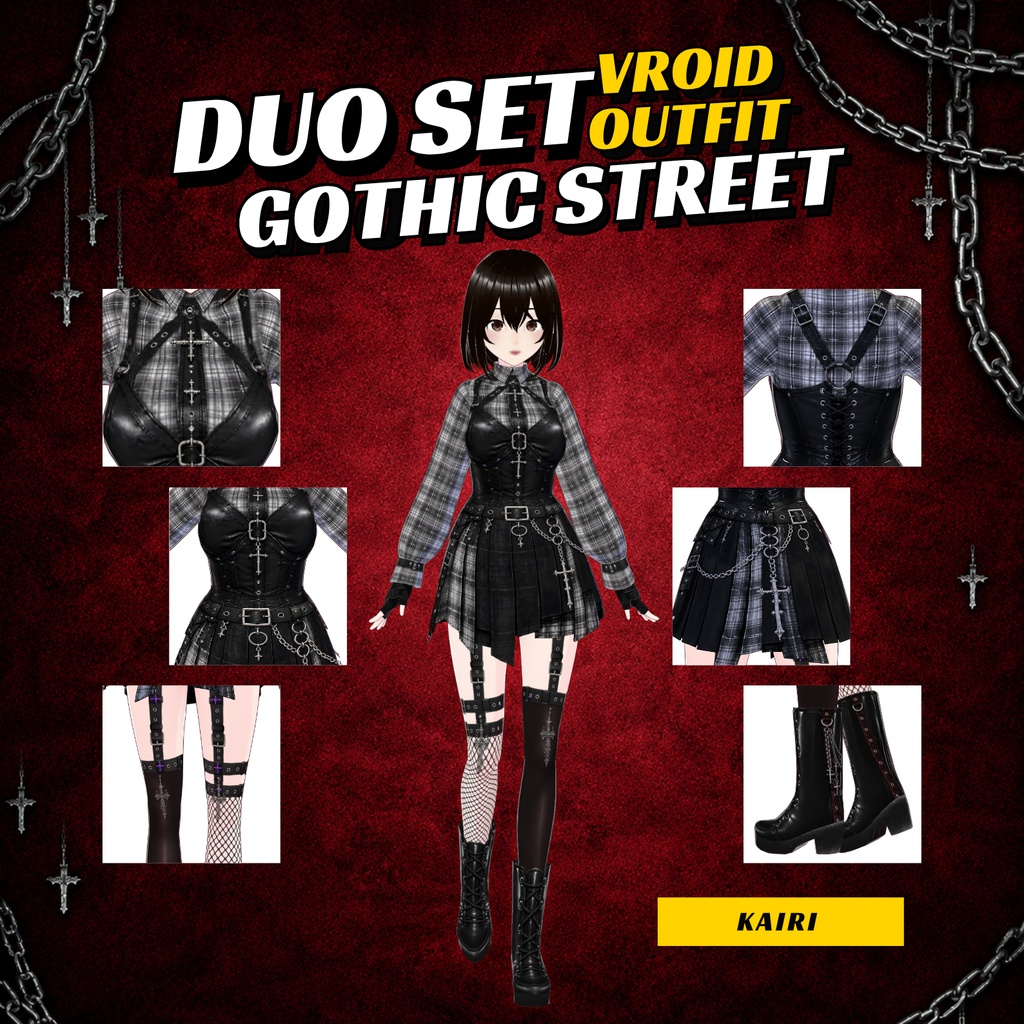 VRoid Outfit Gothic Streetwear Woman Couple Outfit set | Matching Tartan Mini Skirt, Vrchat Model (Digital Download)