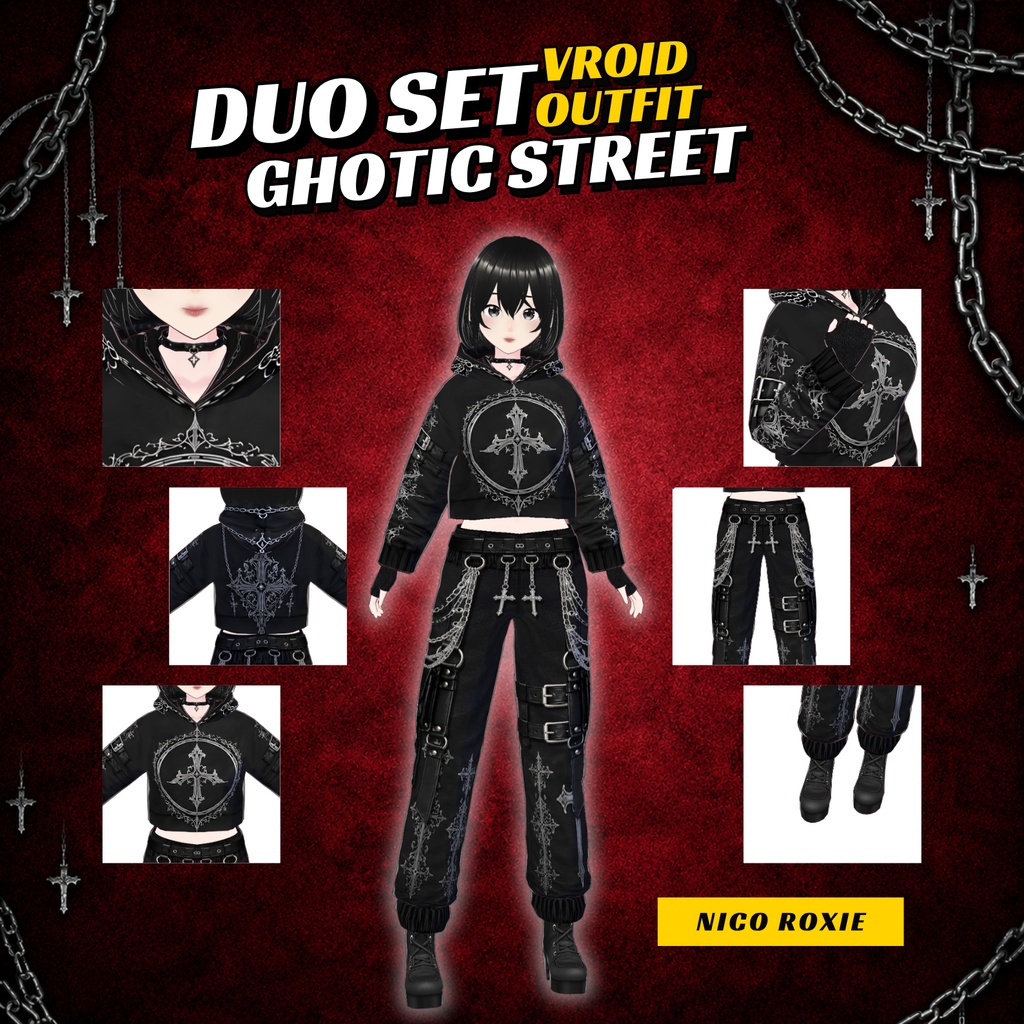 VRoid Gothic Street Couple Outfit | Gothic Duo Clothing | Dark Cross Hoodie | Alternative Streetwear | VTuber Fashion | 3D Custom Outfit
