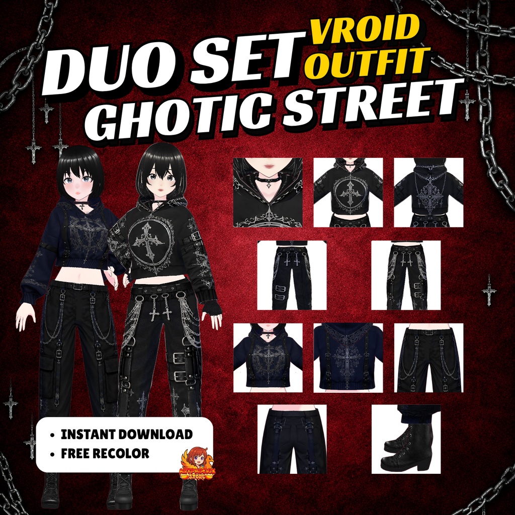 VRoid Gothic Street Couple Outfit | Gothic Duo Clothing | Dark Cross Hoodie | Alternative Streetwear | VTuber Fashion | 3D Custom Outfit